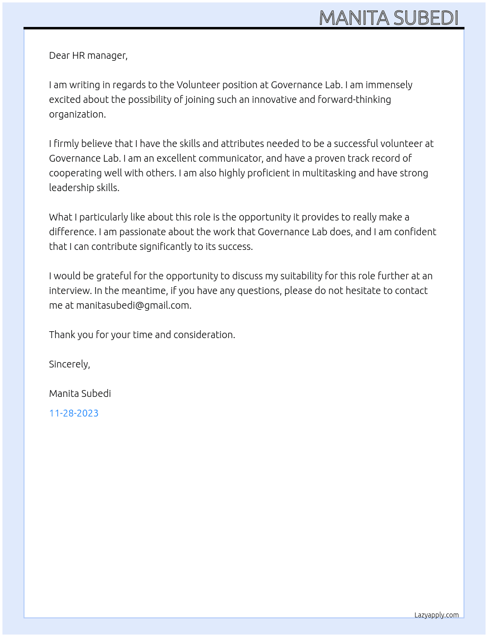 Volunteer  At Governance lab Cover Letter