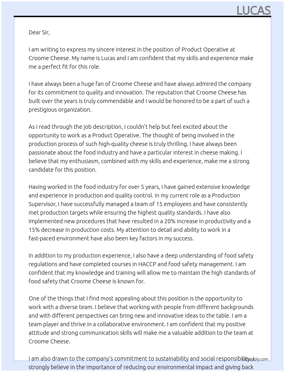 Cover letter for product operative - LazyApply