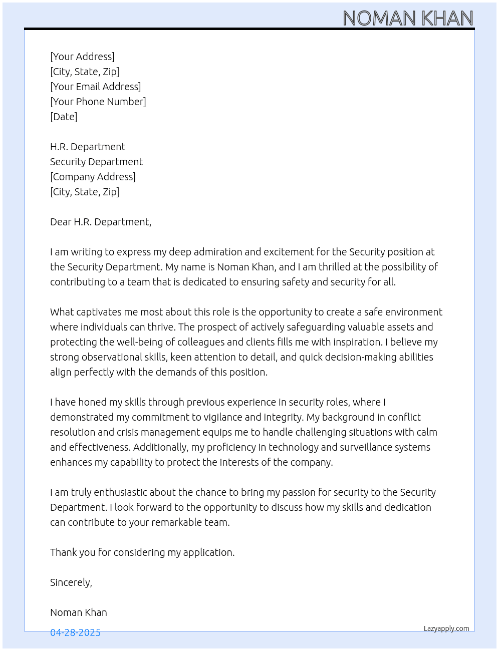 security At Security Department Cover Letter