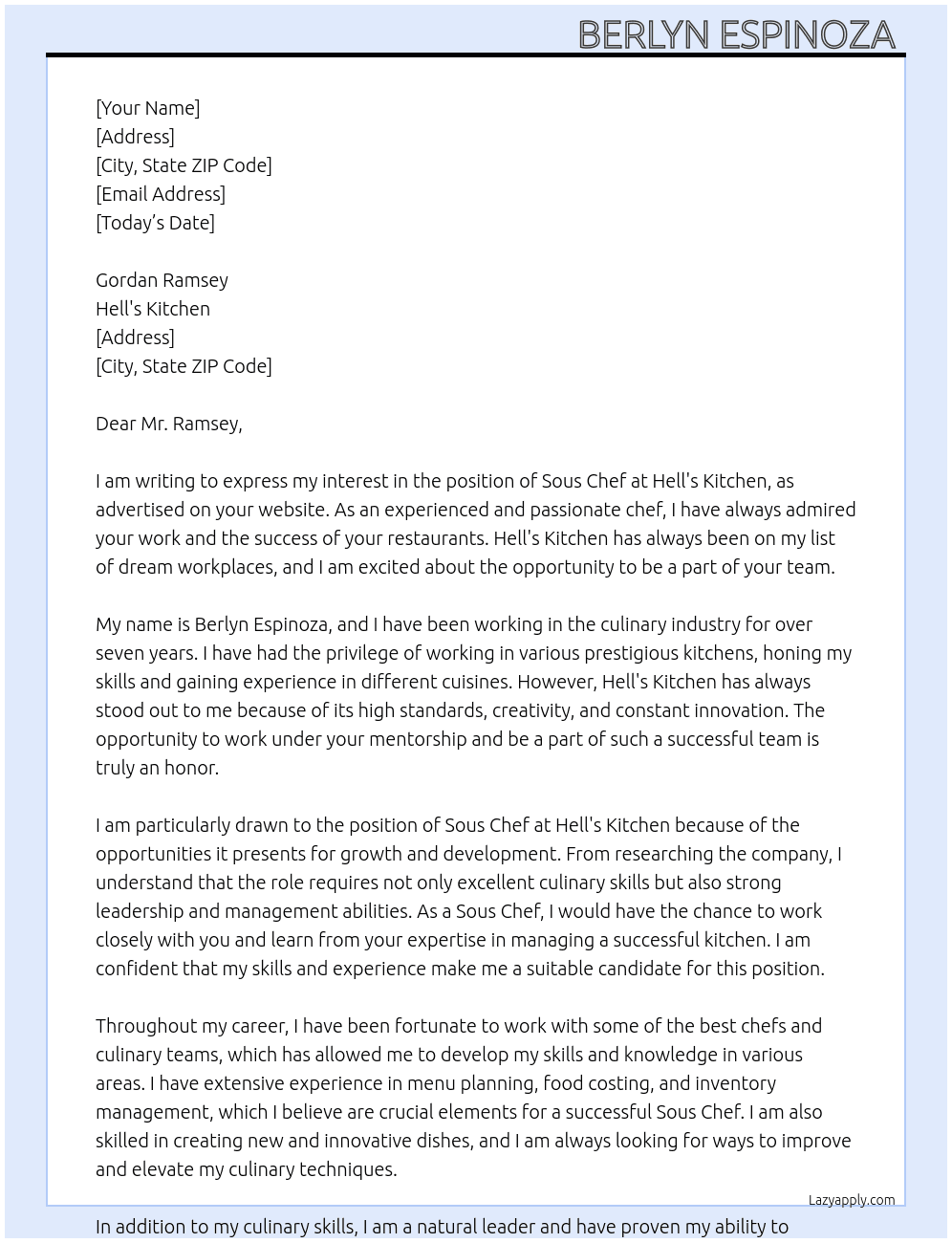 sous chef  At Hell's Kitchen  Cover Letter