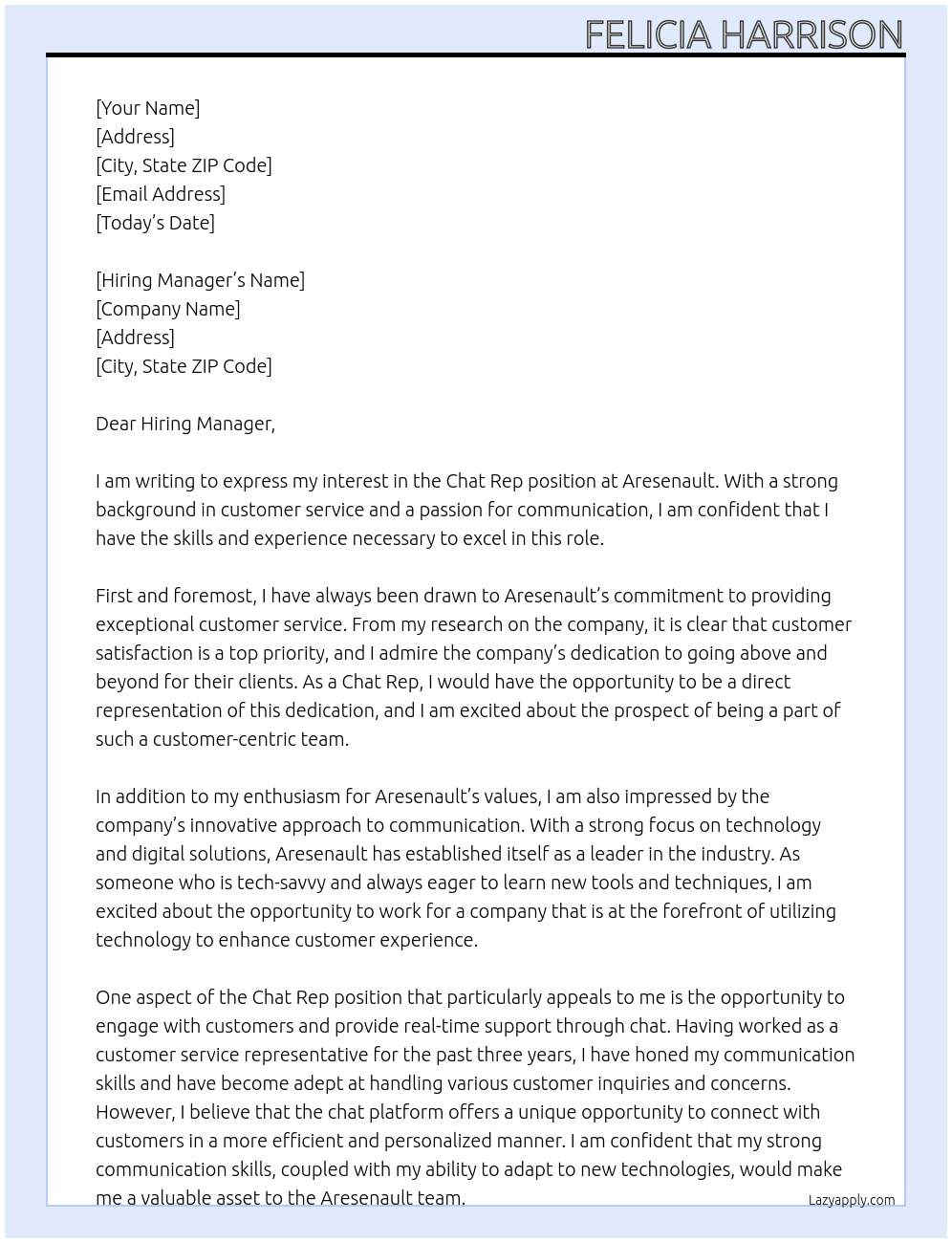 Chat Rep At Aresenault Cover Letter
