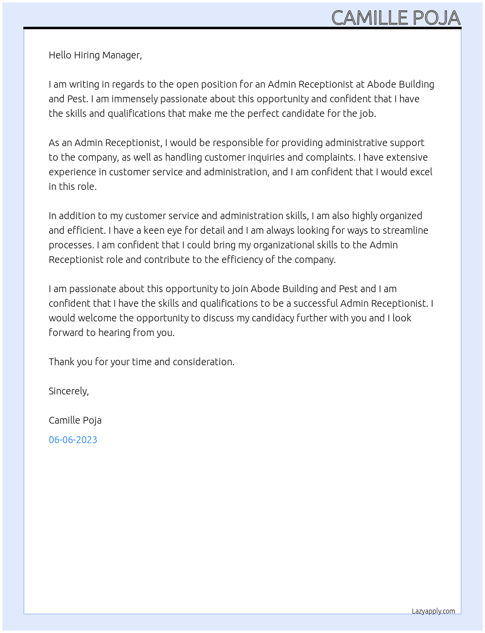 ADMIN RECEPTIONIST At Abode Building and Pest Cover Letter