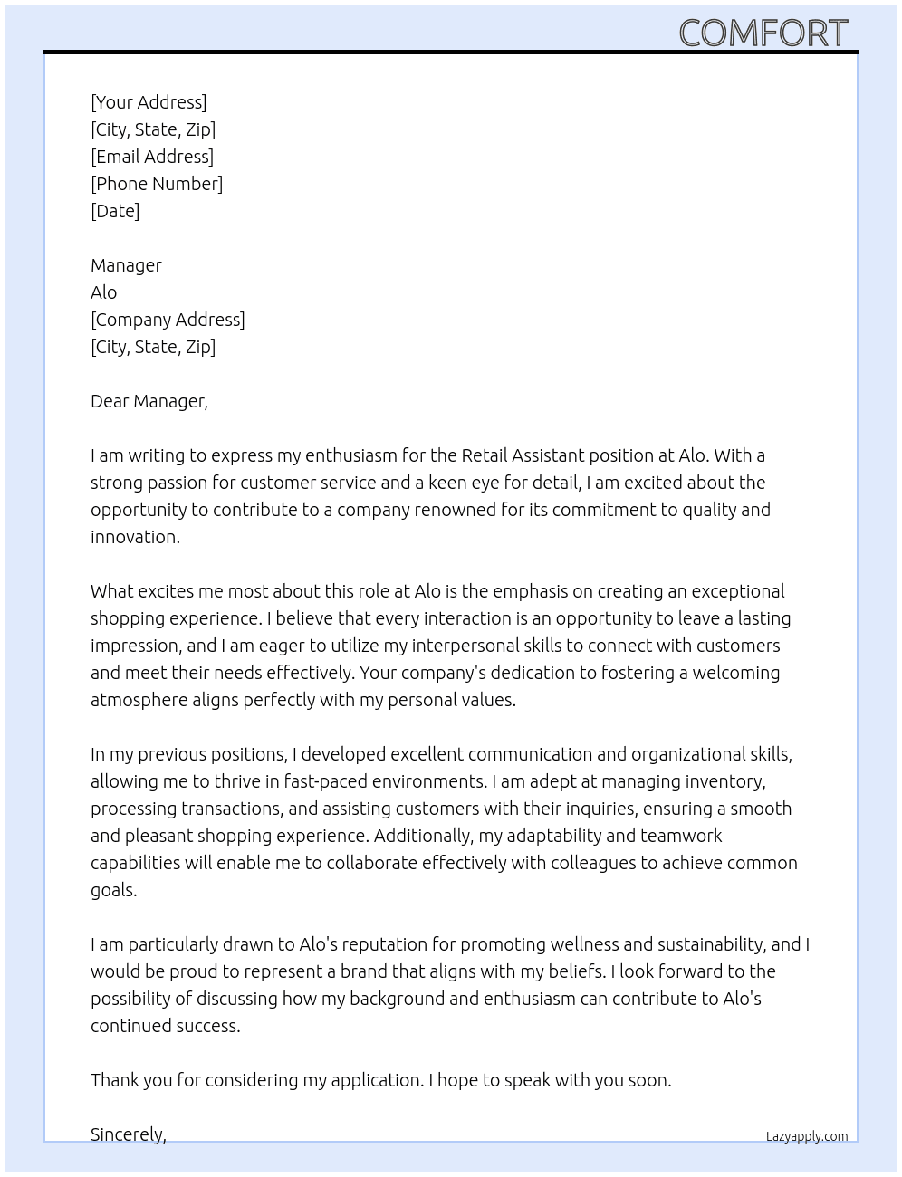 Retail assistant  At Alo Cover Letter