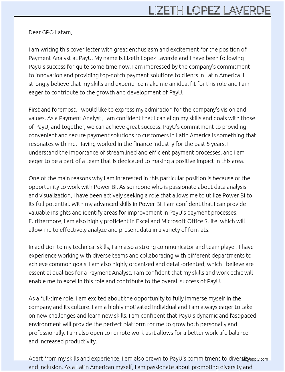 Payment analyst At PayU Cover Letter