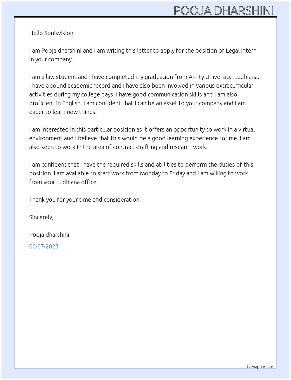 Legal Intern At Sonisvision Cover Letter
