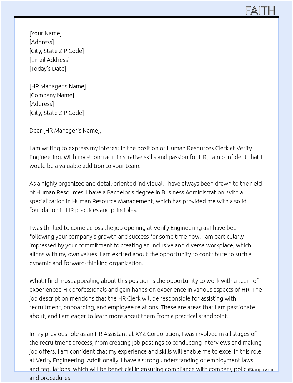 Human Resources clerk At Verify engendering  Cover Letter