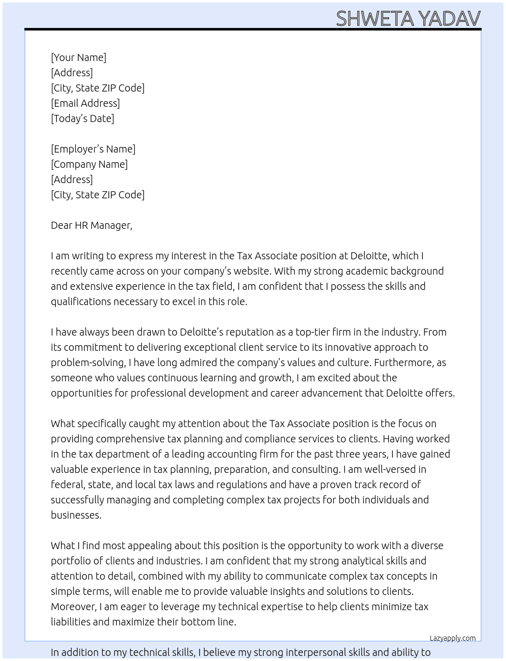 Tax associate At Deloitte Cover Letter