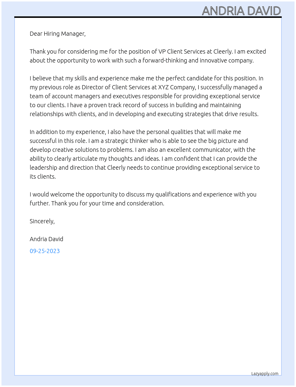 VP Client Services At Cleerly Cover Letter