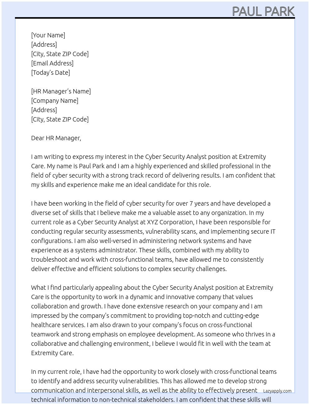 Cyber Security Analyst At Extremity Care  Cover Letter