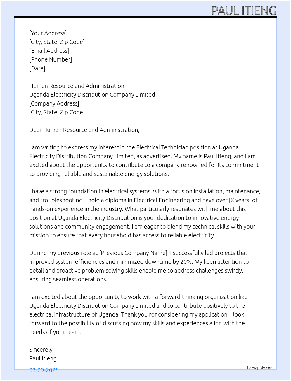 Electrical technician At Uganda electricity distribution company limited Cover Letter