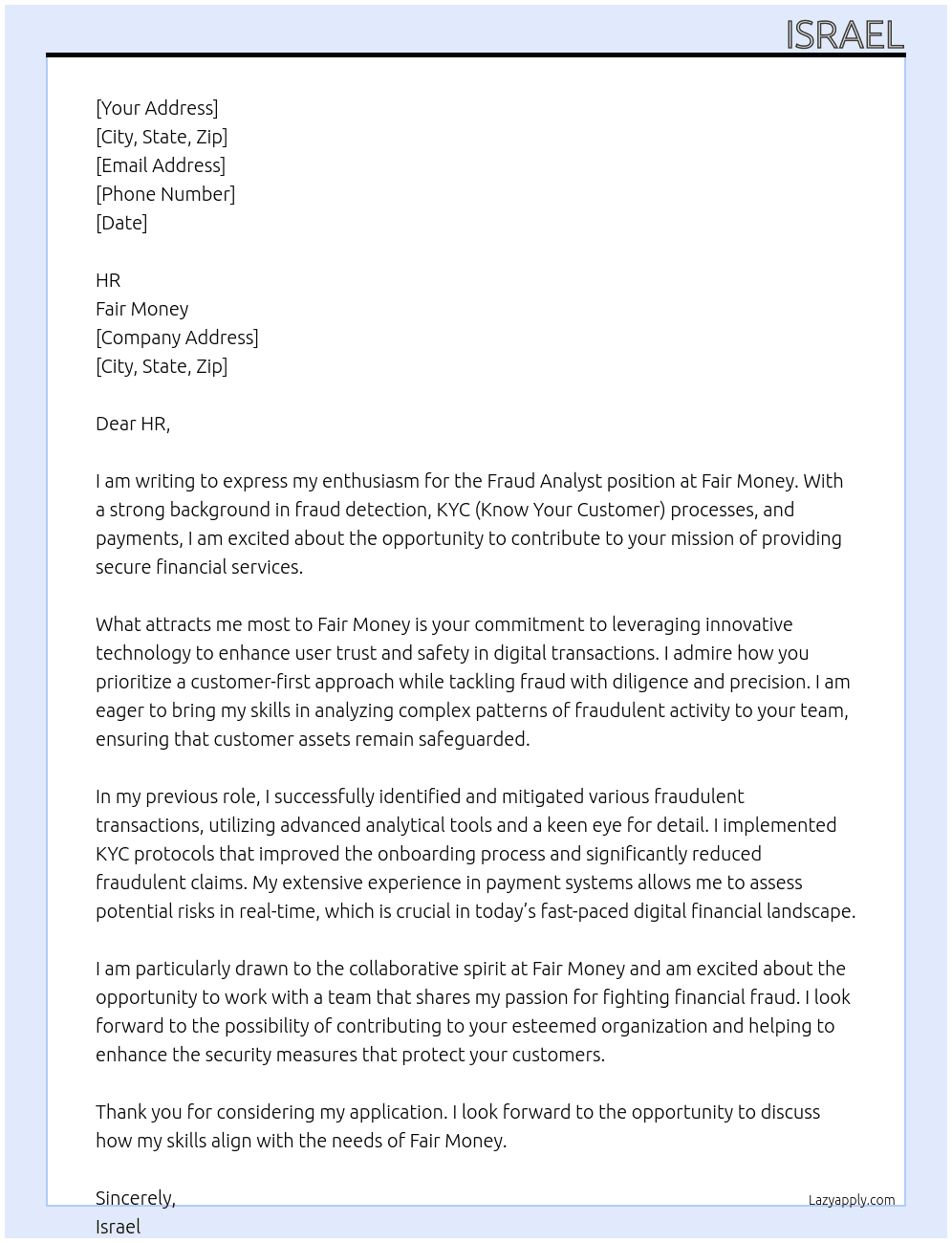 Fraud analyst  At Fair money  Cover Letter