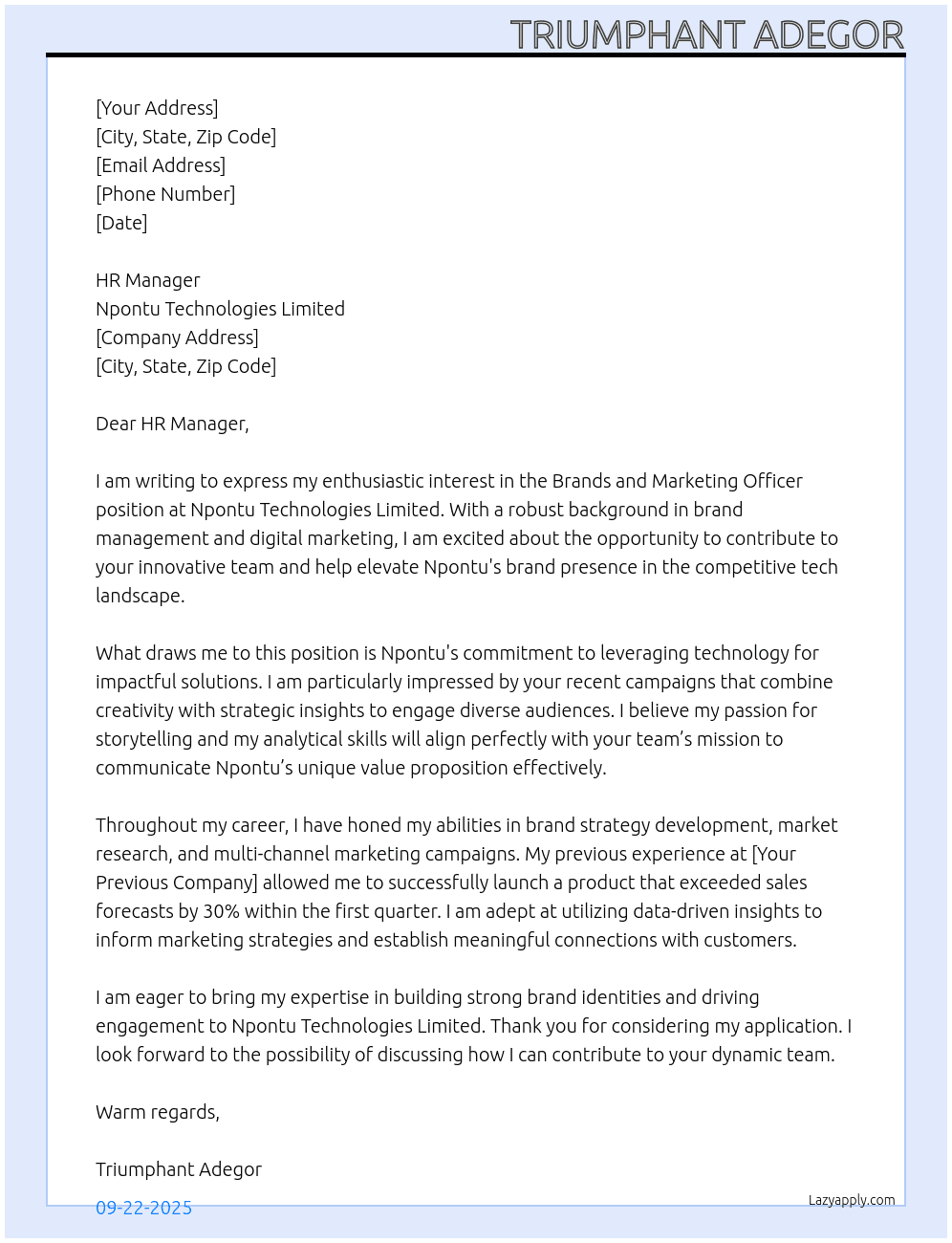 Brands and Marketing Officer At Npontu Technologies Limited  Cover Letter