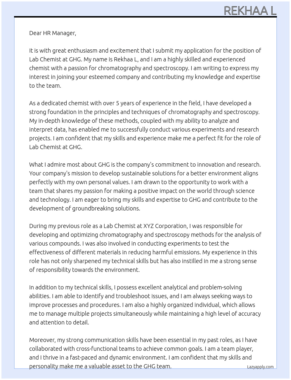 Lab chemist At Ghg Cover Letter