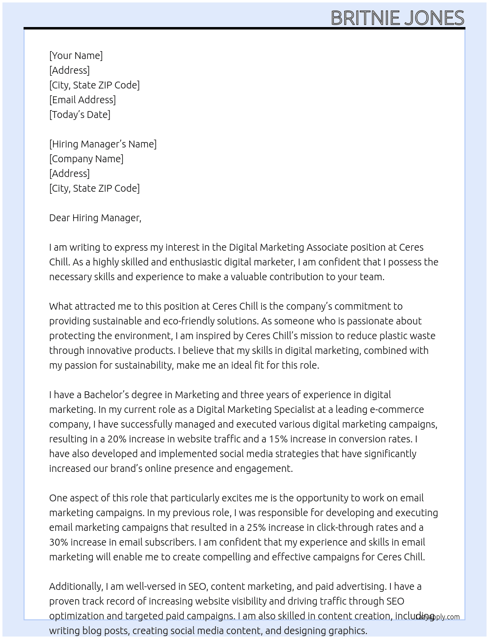 Digital Marketing Associate At Ceres Chill Cover Letter