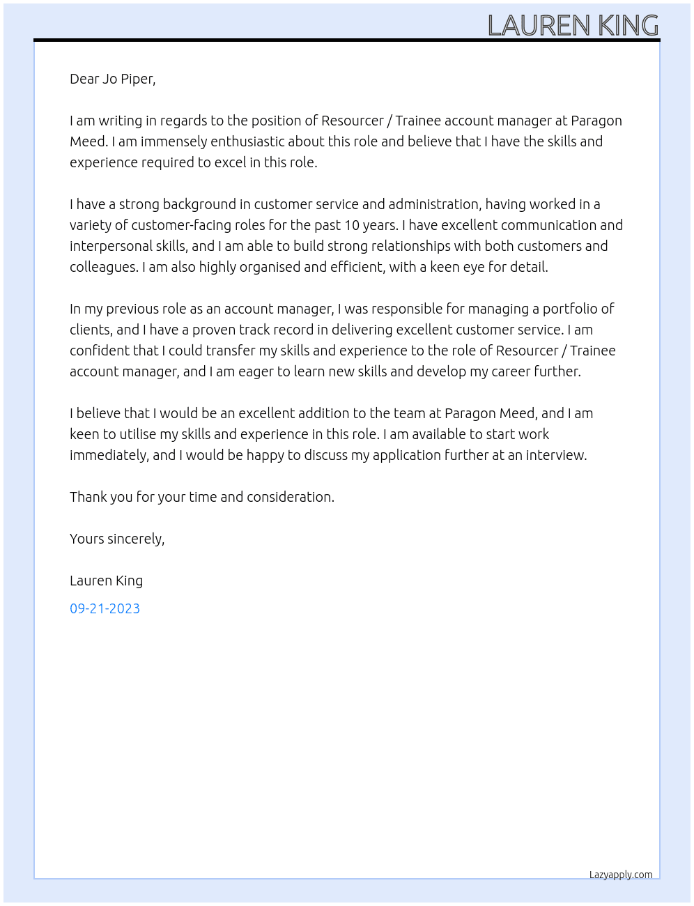Resourcer / Trainee account manager   At Paragon Meed Cover Letter