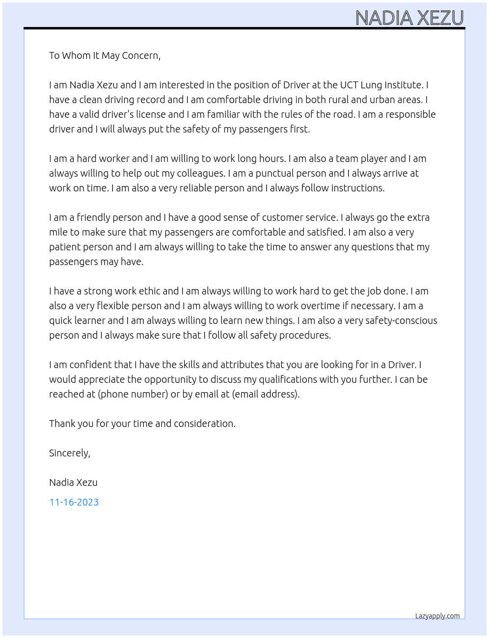 Driver At UCT Lung Institute Cover Letter