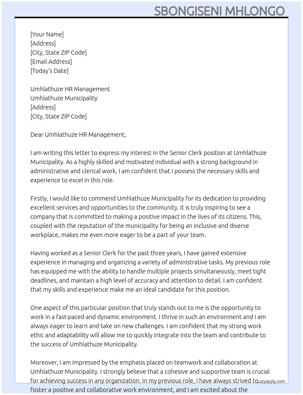 Senior Clerk  At Umhlathuze Municipality  Cover Letter