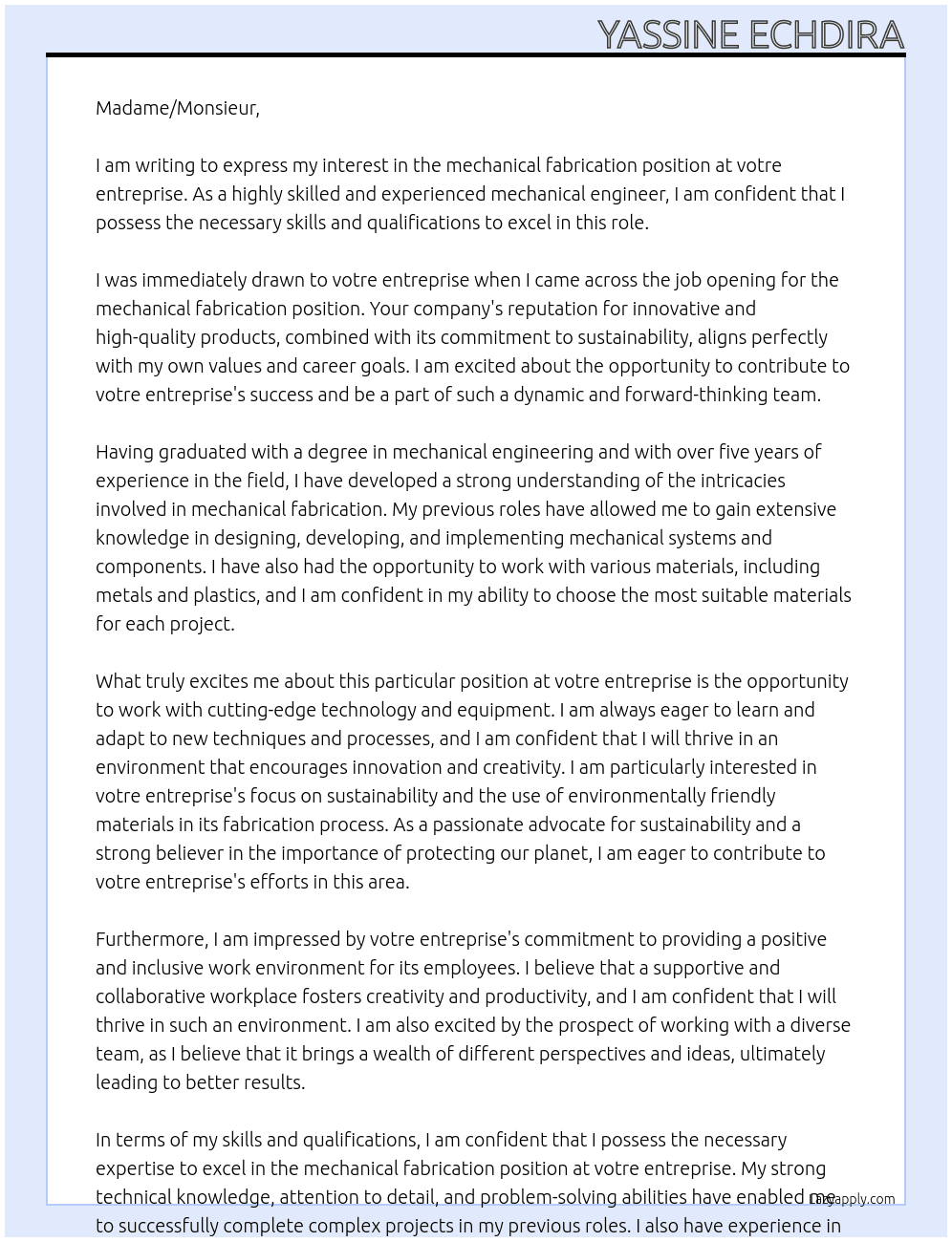 mechanical fabrication At votre entreprise Cover Letter