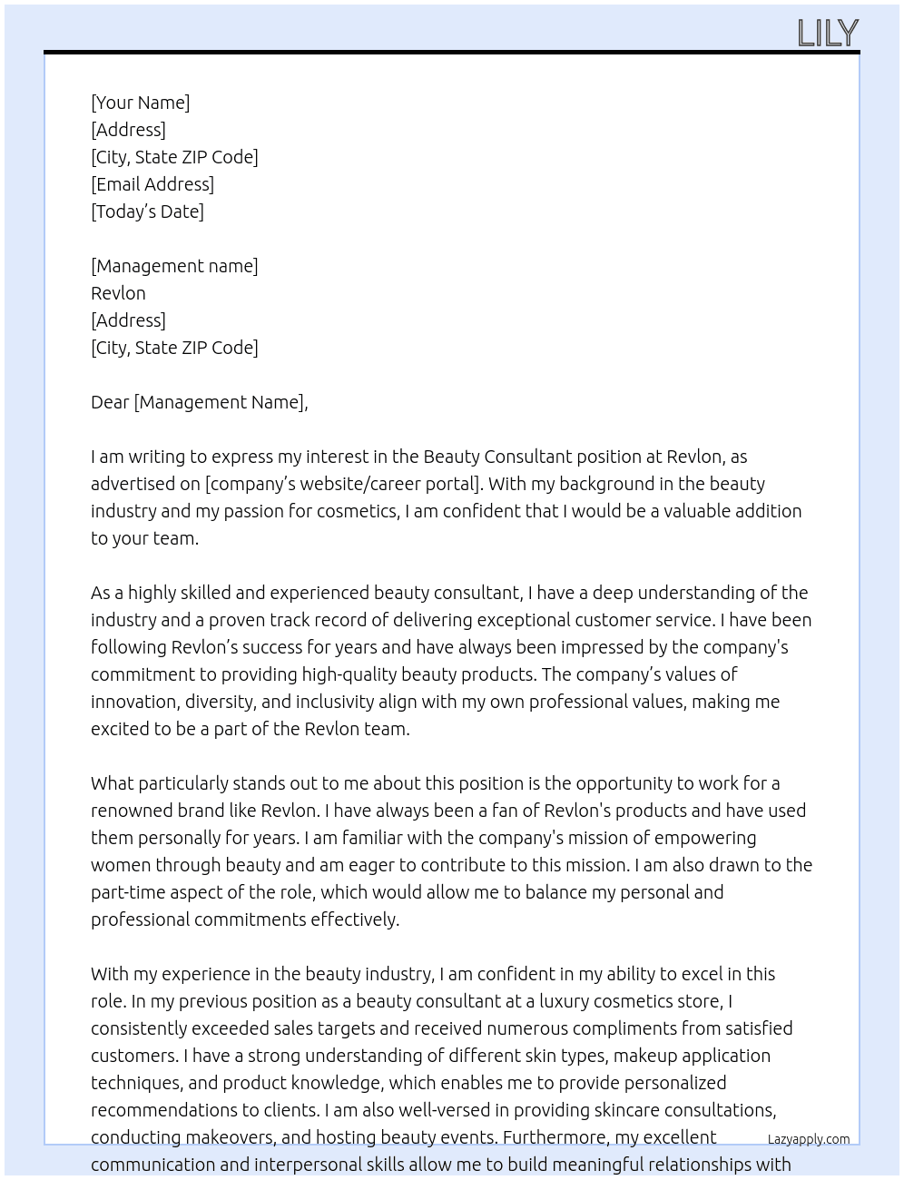 Beauty consultant  At Revlon  Cover Letter