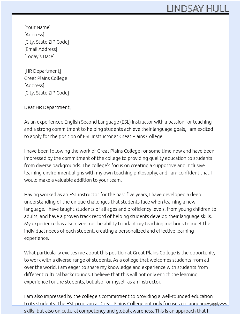 English Second Language Instructor At Great Plains College Cover Letter