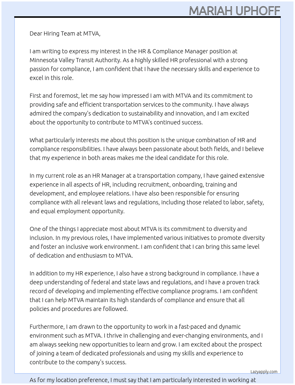 HR & Compliance Manager At Minnesota Valley Transit Authority  Cover Letter