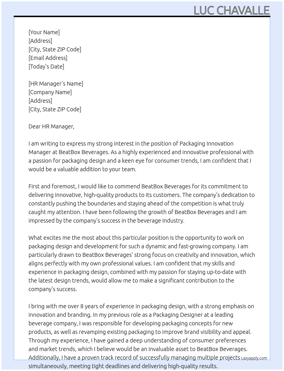 Packaging Innovation Manager At BeatBox Beverages Cover Letter