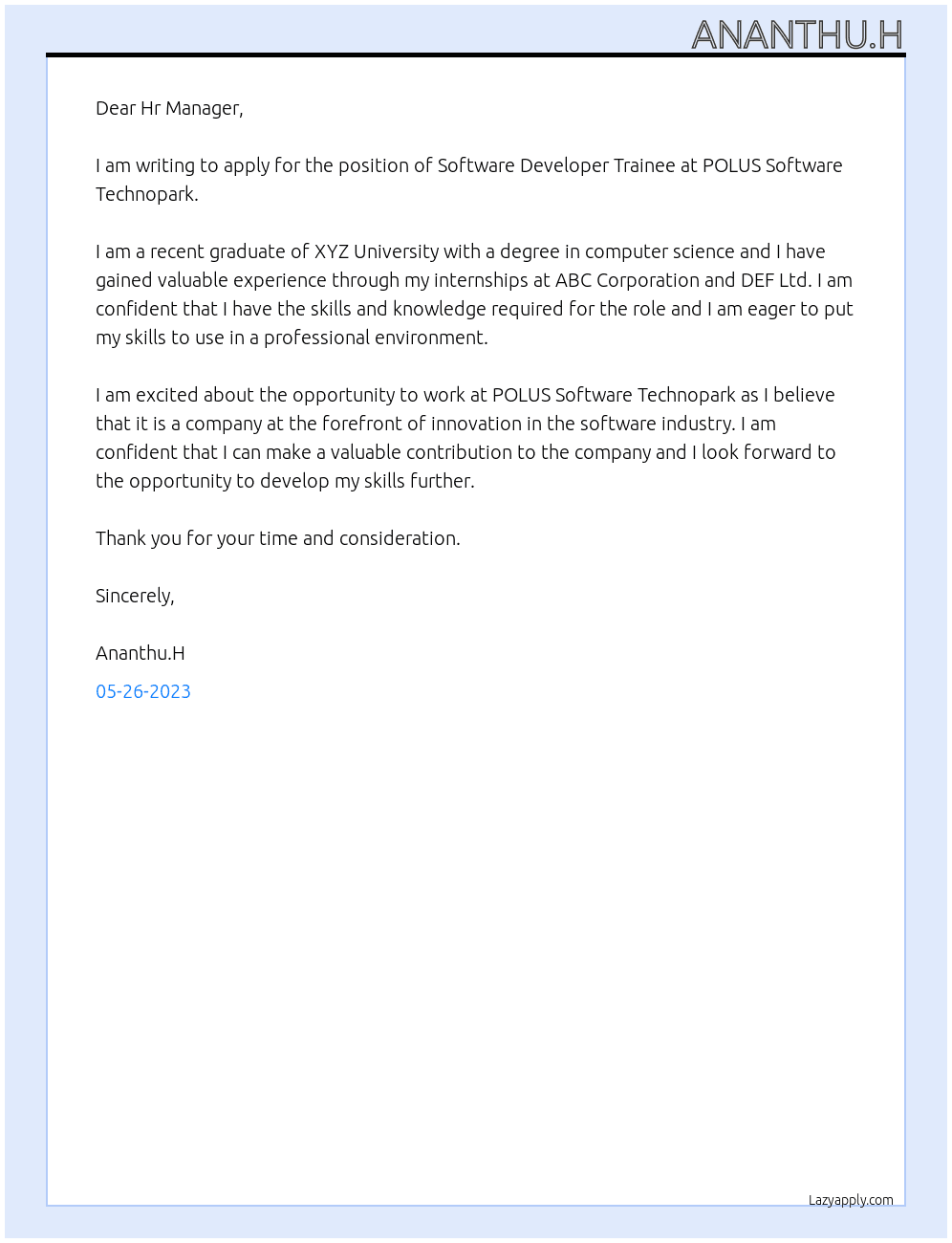 Software developer Trainee At POLUS SOFTWARE TECHNOPARK Cover Letter