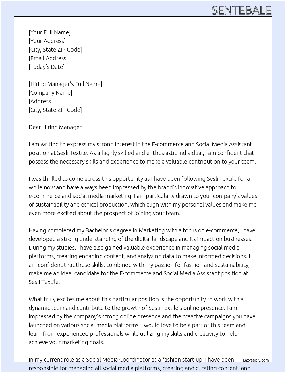 E-commerce and Social media assistant At Sesli Textile Cover Letter