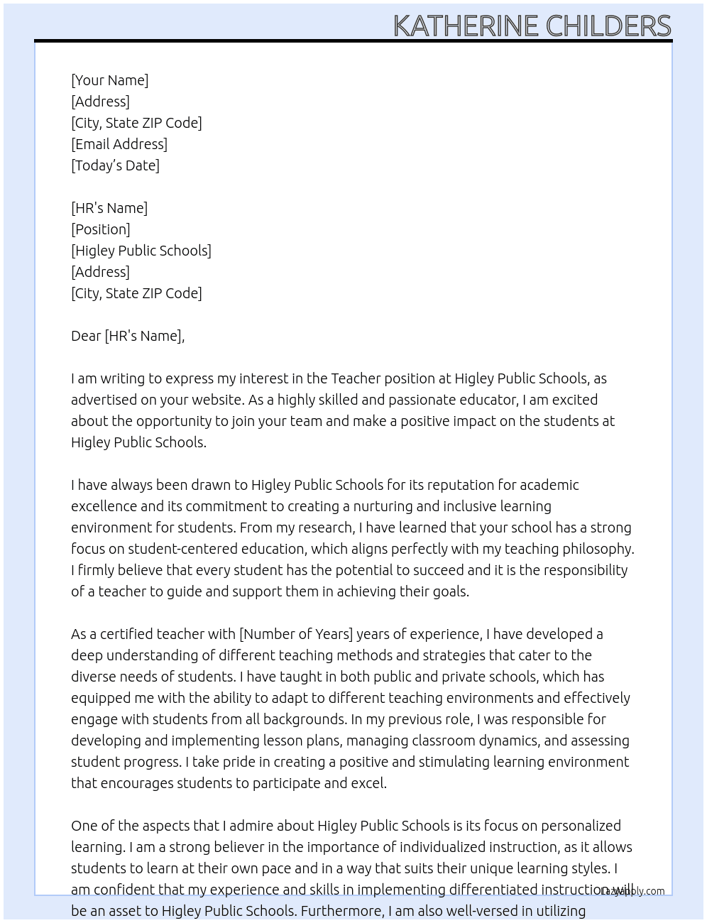 Teacher At Higley public schools Cover Letter