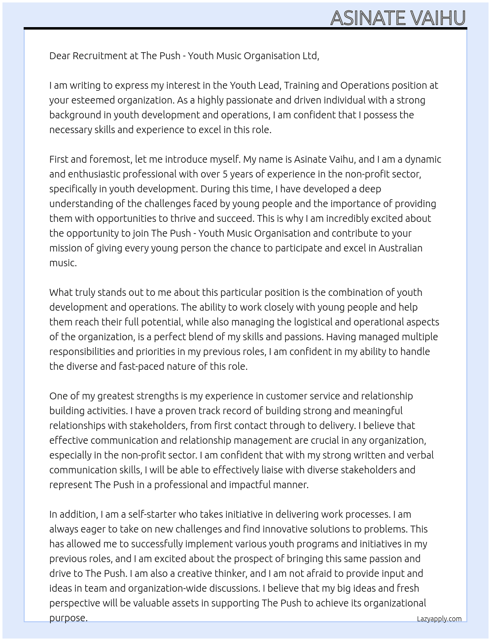 Cover letter for youth lead, training and operations - LazyApply