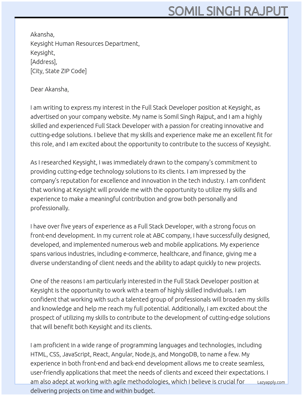 full stack developer At keysight Cover Letter