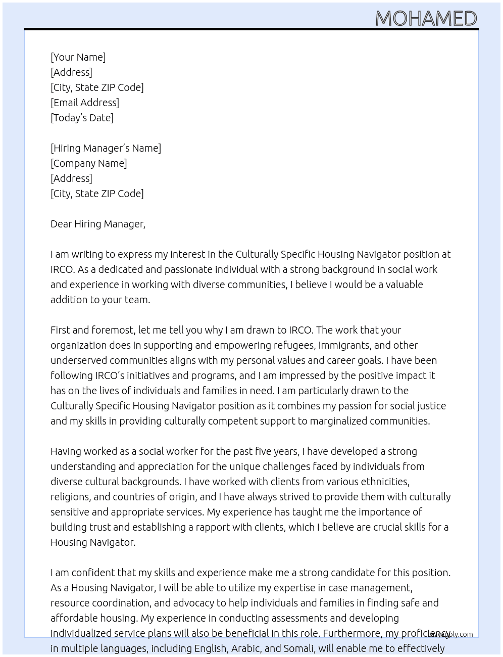 Culturally Specific Housing Navigator At IRCO Cover Letter