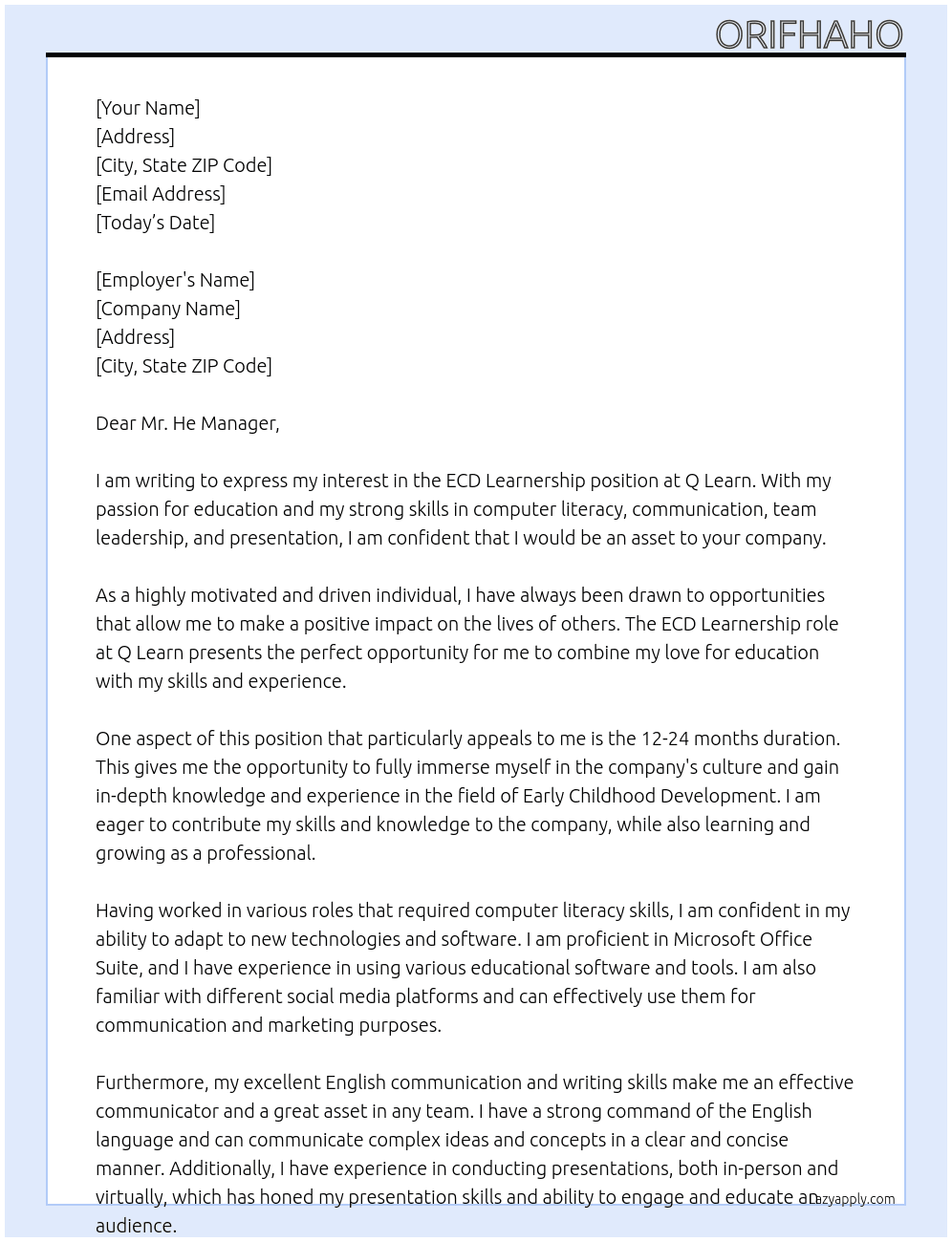 ECD Learnership At Q Learn Cover Letter