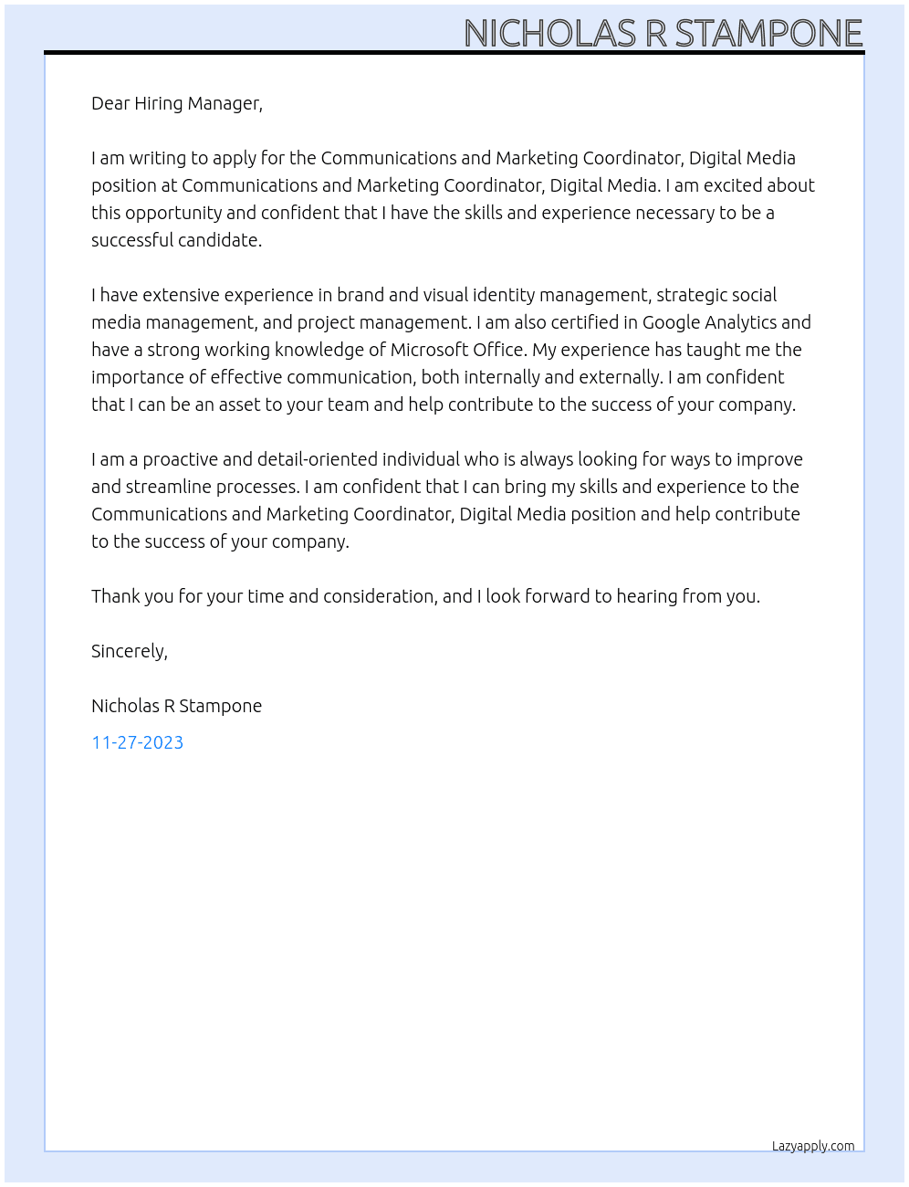 Communications and Marketing Coordinator, Digital Media At Communications and Marketing Coordinator, Digital Media Cover Letter
