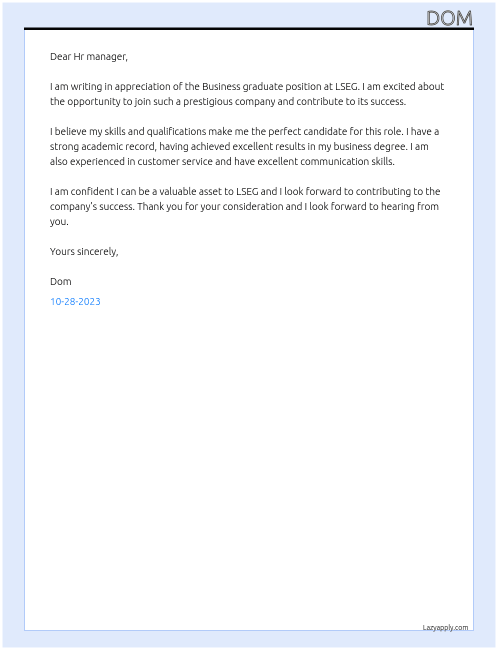 Business graduate At LSEG Cover Letter