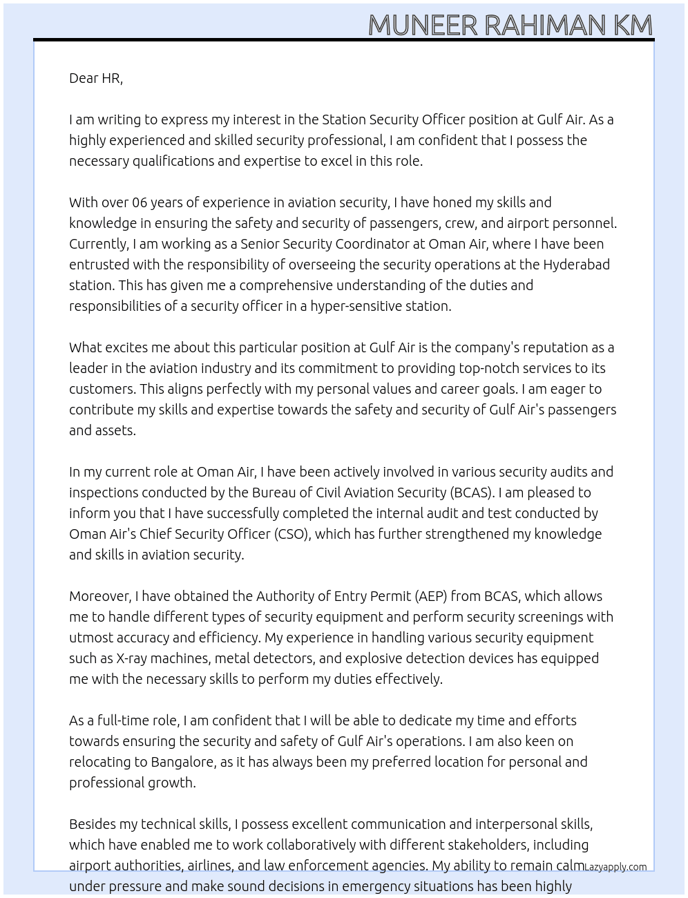 Station security officer  At Gulf Air  Cover Letter