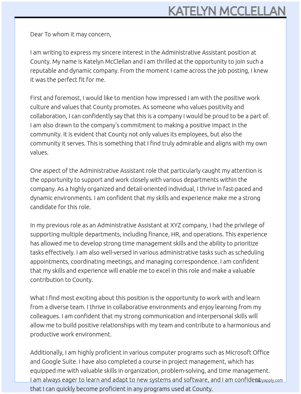 Administravtive Assistant At County Cover Letter