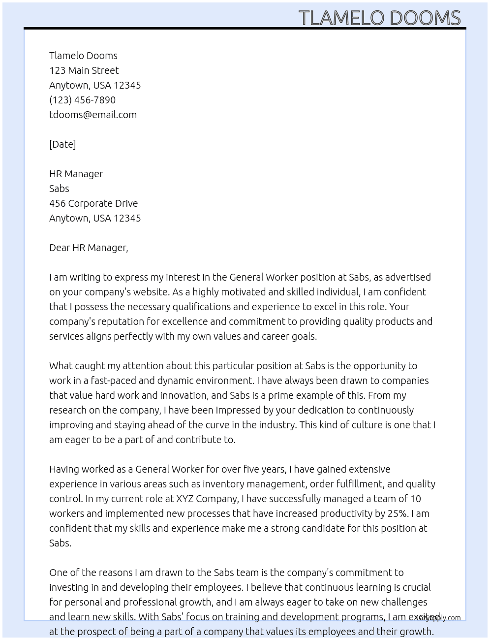 General Worker  At Sabs Cover Letter