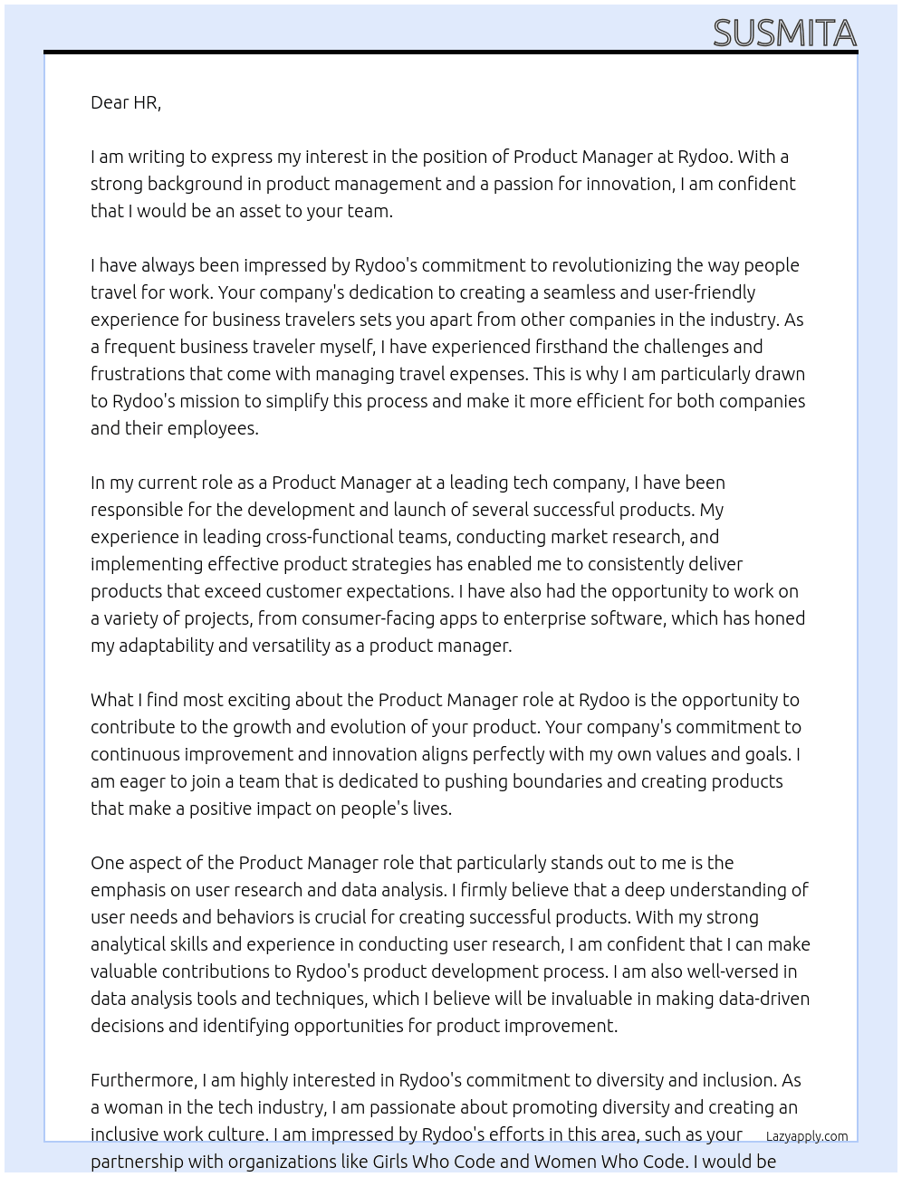 Product Manager At Rydoo Cover Letter