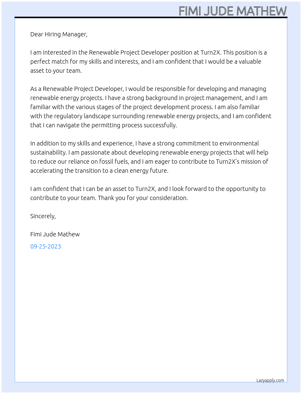 Renewable Project Developer At Turn2X  Cover Letter