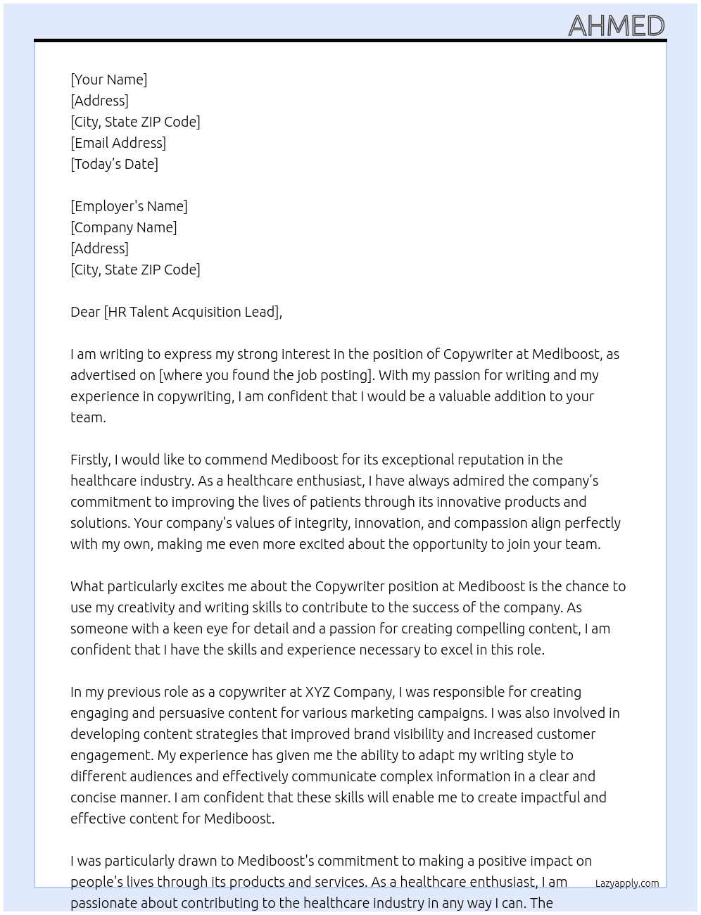 Copywriter  At mediboost Cover Letter