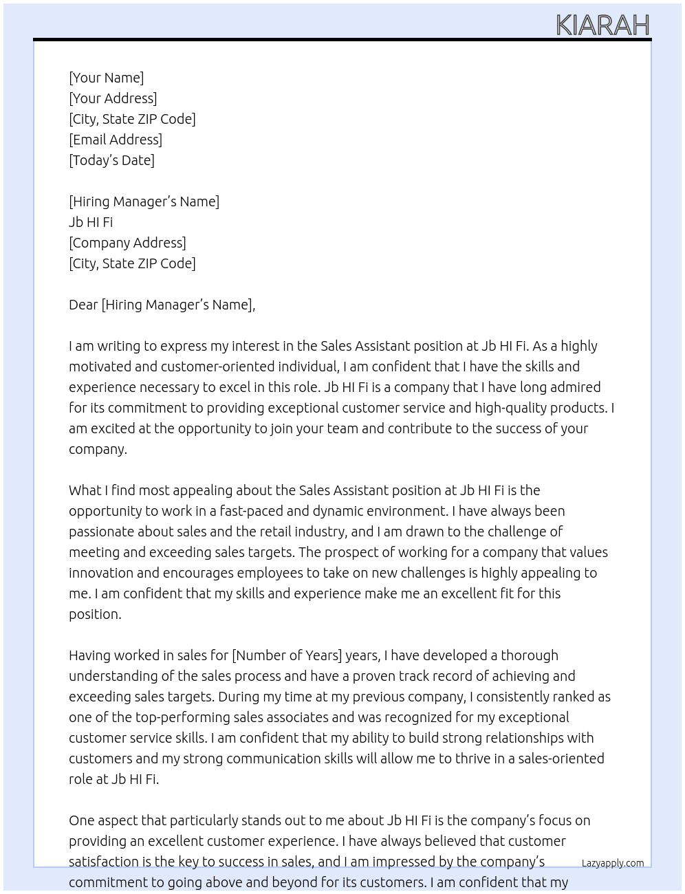 Sales Assistant  At Jb HI Fi Cover Letter