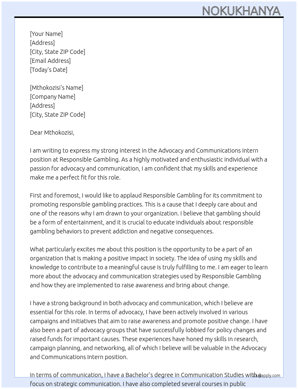 Advocacy and Communications Intern  At Responsible Gambling  Cover Letter