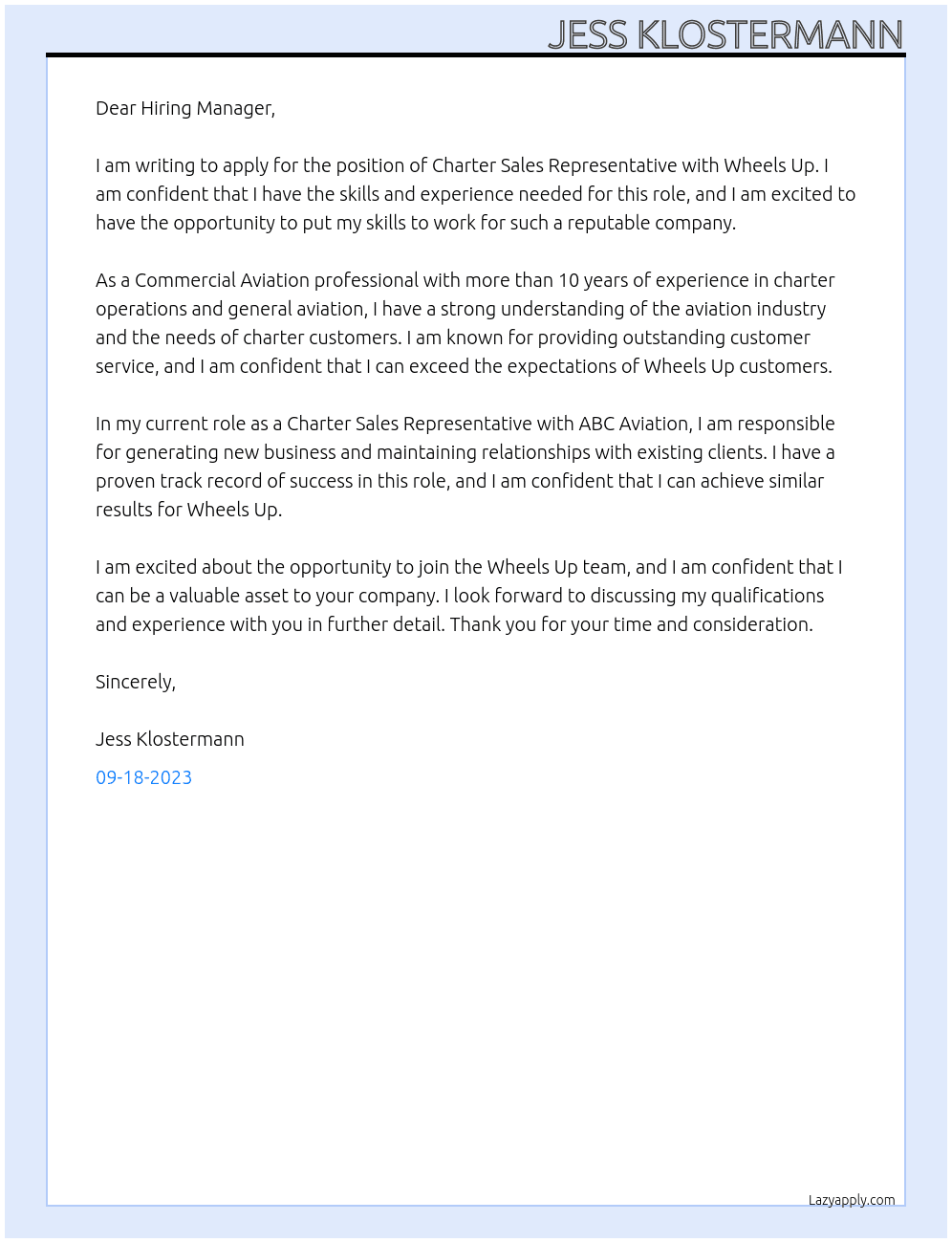 Charter Sales Representative At Wheels Up Cover Letter