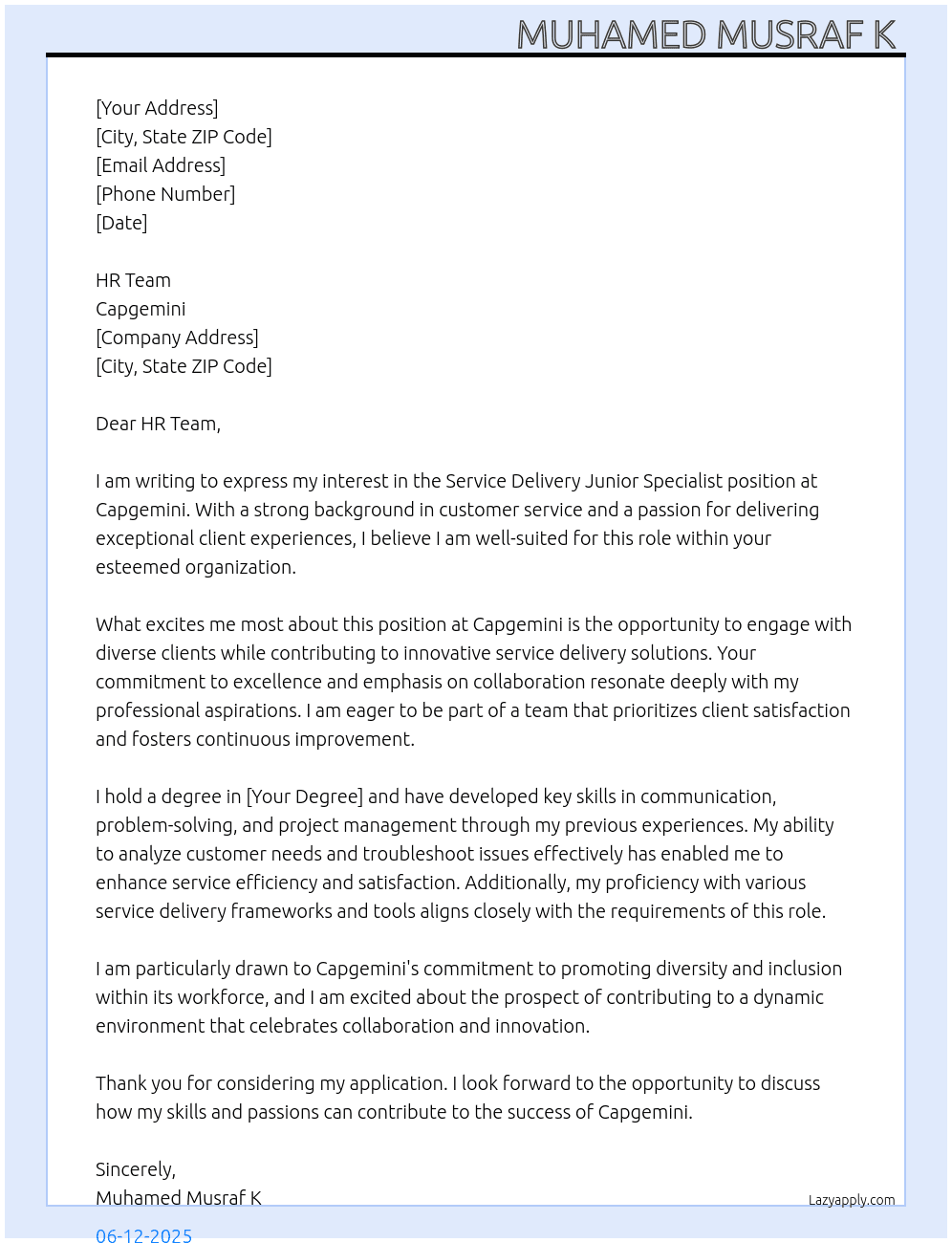 Cover letter for service delivery junior specialist - LazyApply