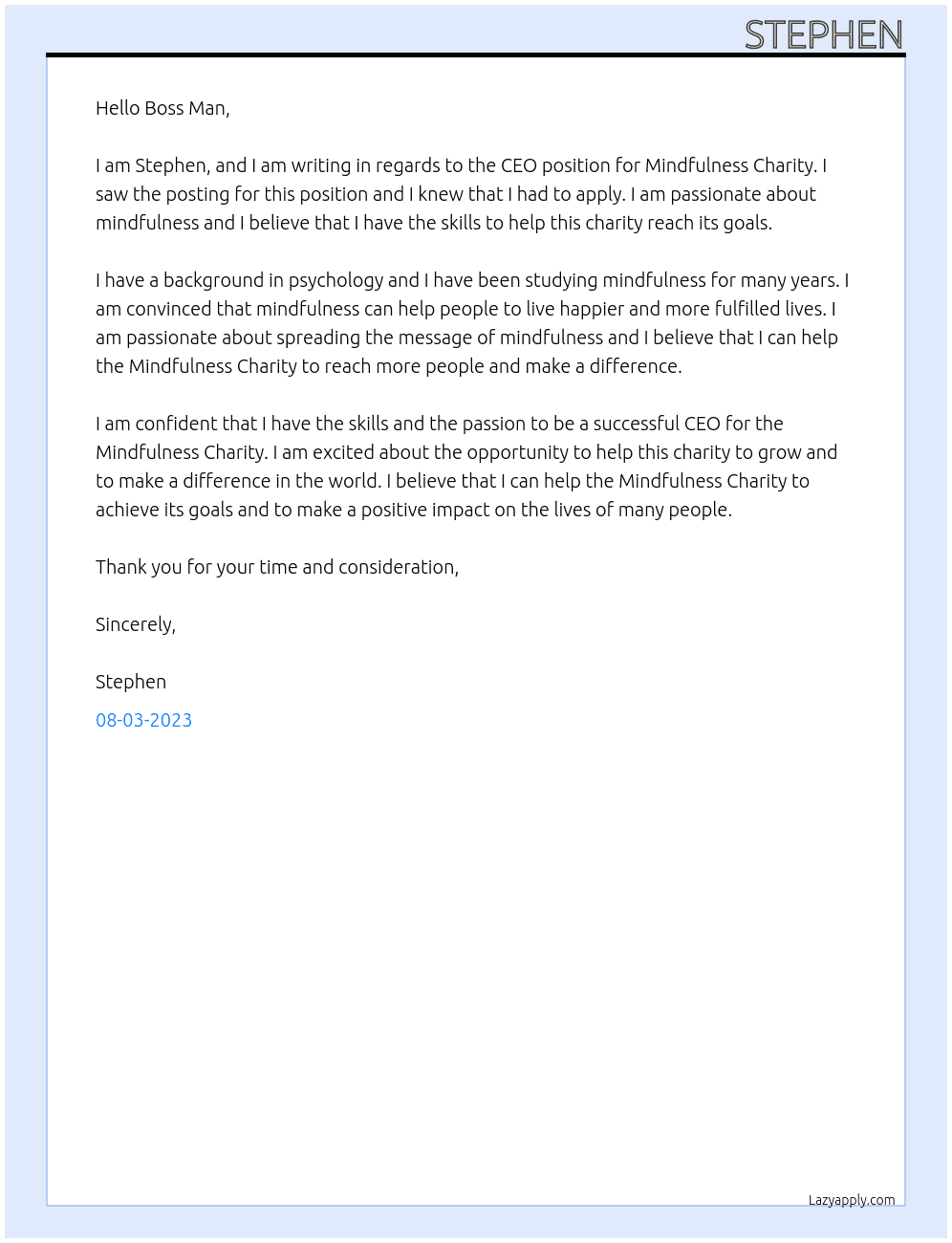 CEO Mindfulness Charity At Mindfulness Initiative Cover Letter