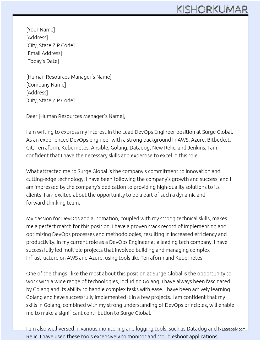 Lead DevOps engineer At Surge Global Cover Letter