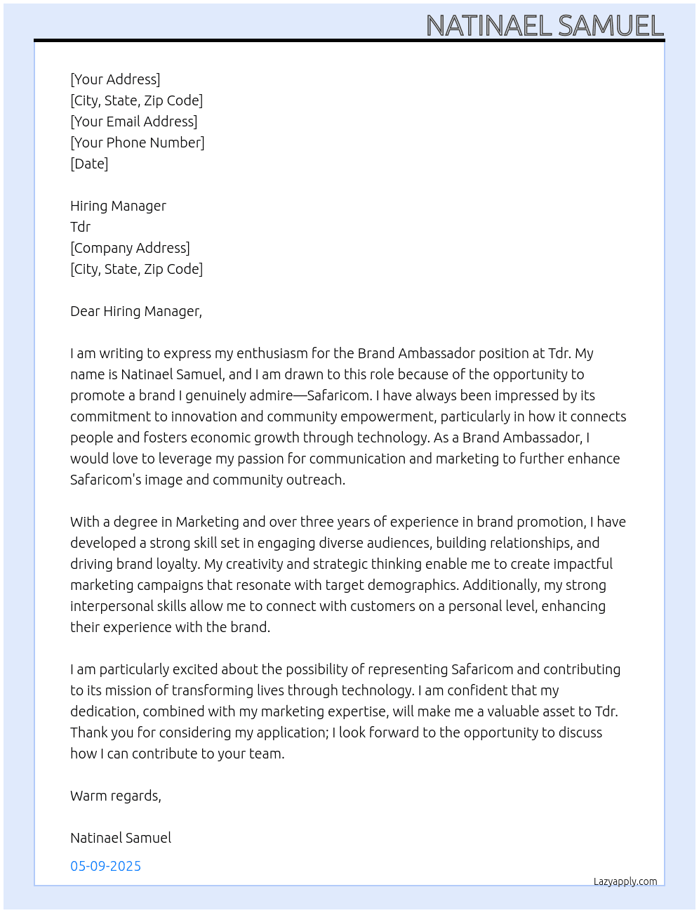 Brand abasader At Tdr Cover Letter