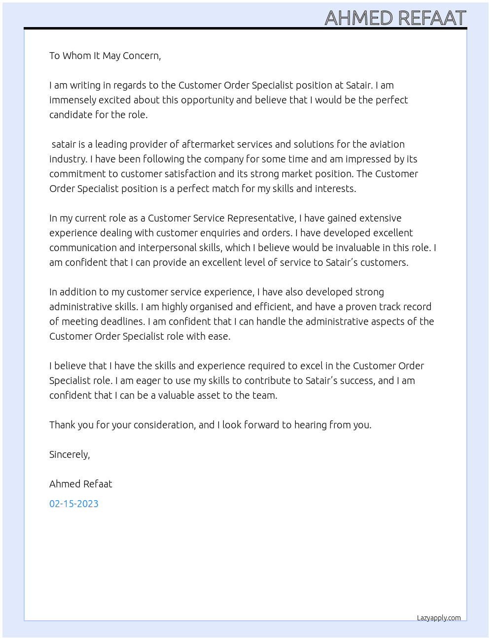 Customer Order Specialist At Satair Cover Letter