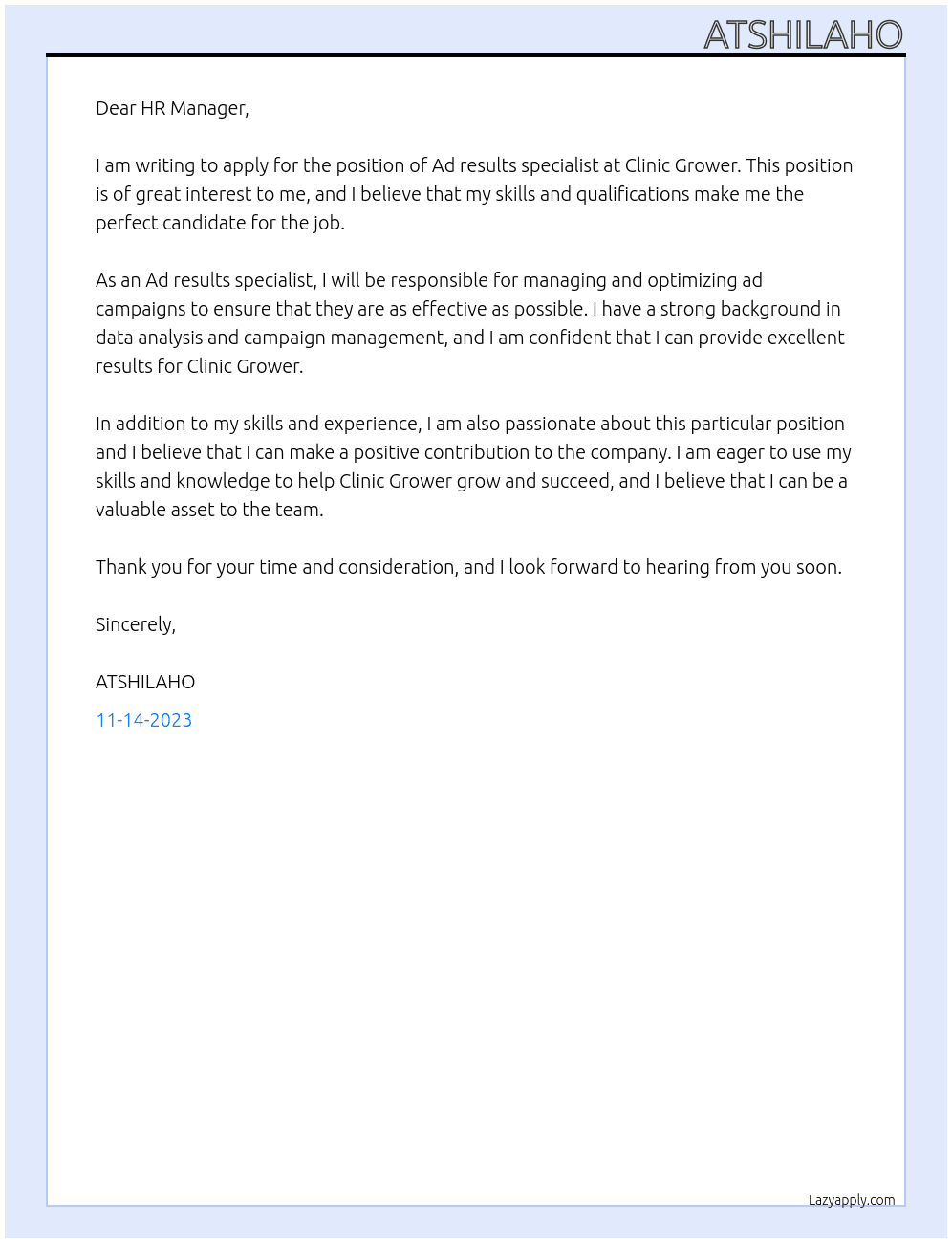 Ad results specialist At Clinic Grower Cover Letter